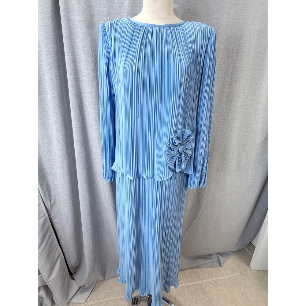 Vintage Mister Jay Blue Accordion Pleat‎ Rosette Mock 2pc Maxi Column Dress M